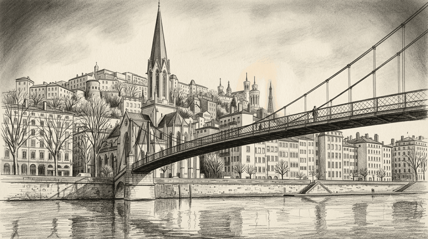 Sketch of Lyon — bridge over the Saône, Fourvière in the background