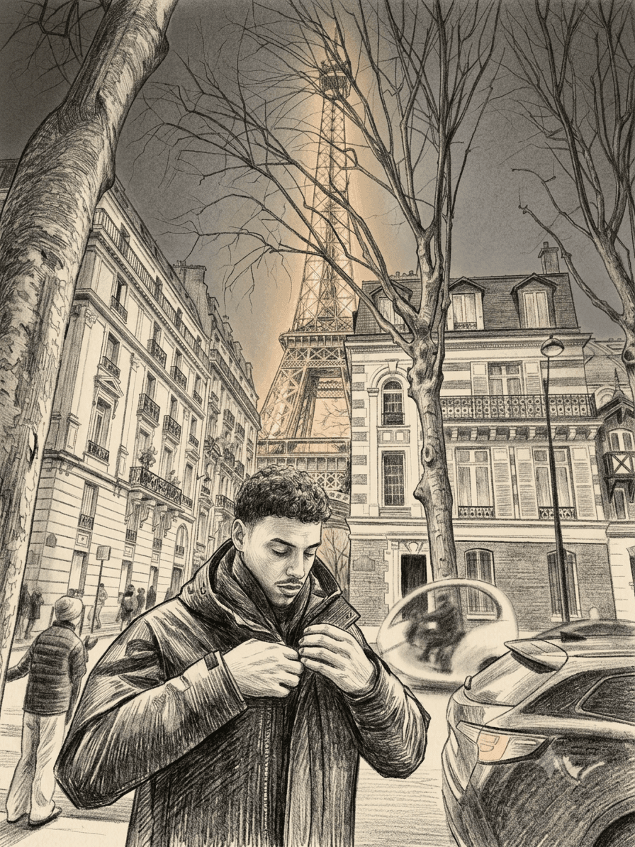 Sketch of Mouatassim in Paris, Eiffel Tower in the background
